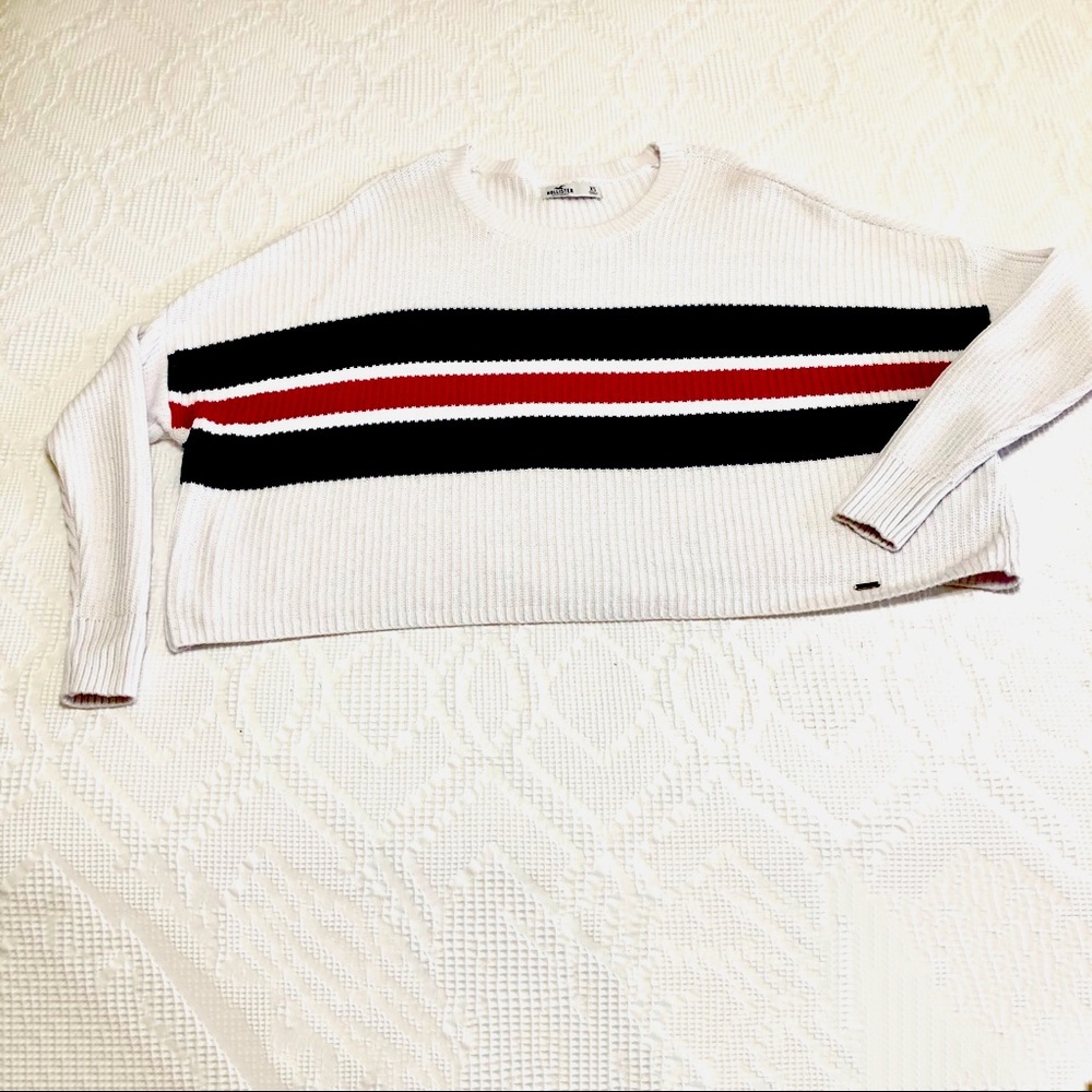 Women Hollister White Sweater | Blue & Red Stripes